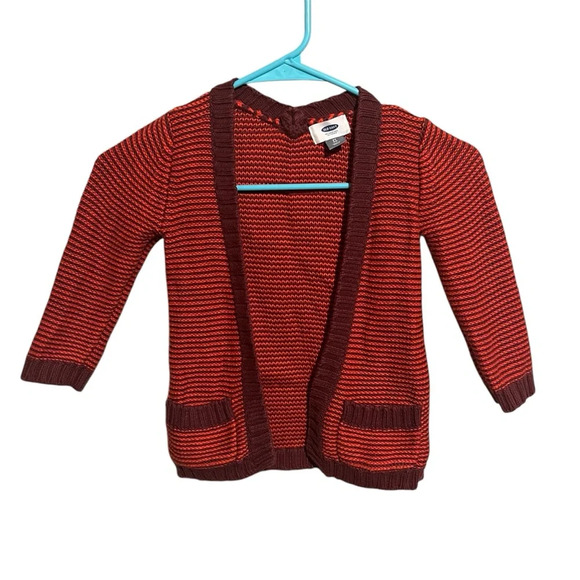 Old Navy Open-Front Long Cardigan Sweater Toddler Girls Red Striped Size 3T - Picture 1 of 7